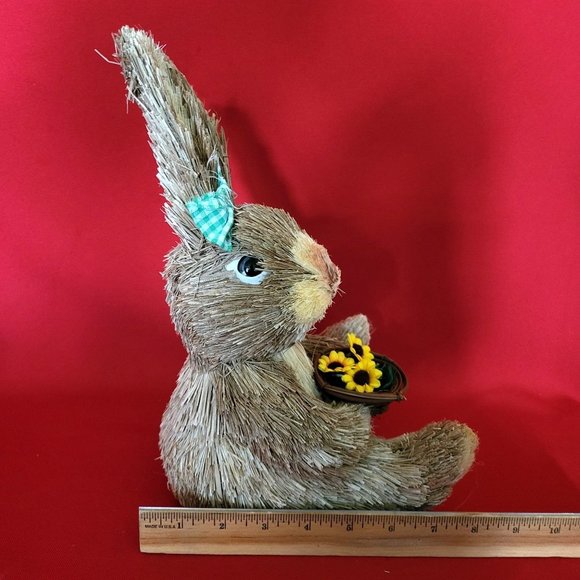 Sisal Bunny Rabbit Holding a Basket of Sunflowers Green Ribbon Decor Figure East - Picture 9 of 13